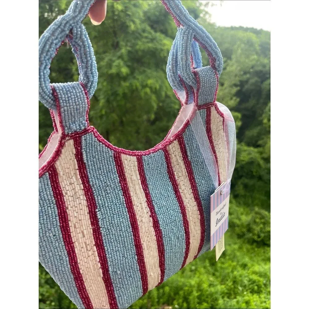 Viral Beaded Bag - Handcrafted Beaded Stripe Mini Tote - Blue, Cream & Red